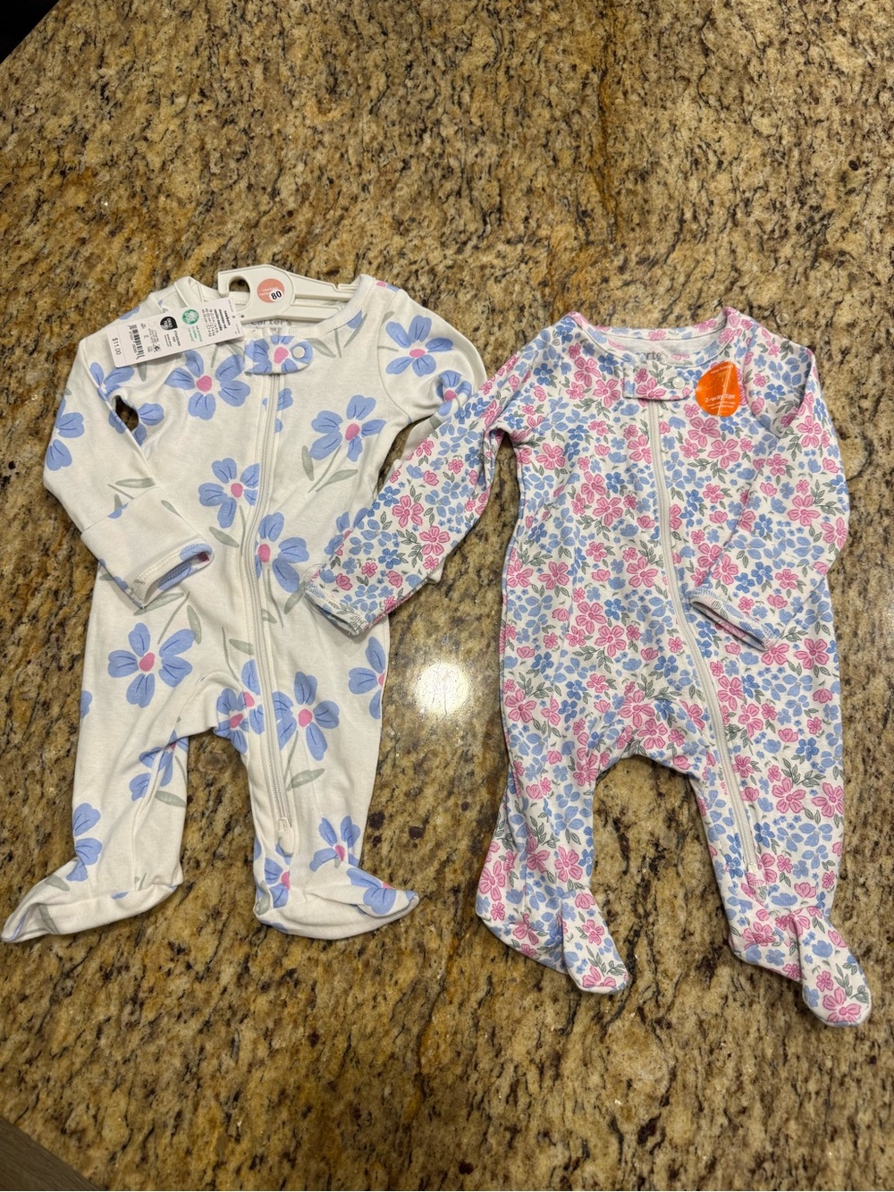 Carter's Floral Footed Baby One-Piece Pajamas in White, Blue & Pink